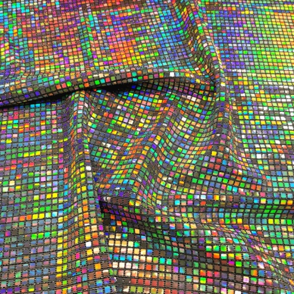 MIRROR SEQUIN SPANDEX - 4mm MINI SQUARE SILVER HOLOGRAM ON BLACK